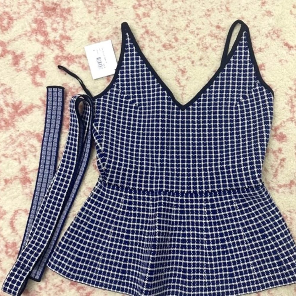 NEW Scanlan Theodore Crepe Peplum Plaid Tank Top with Belt - Small